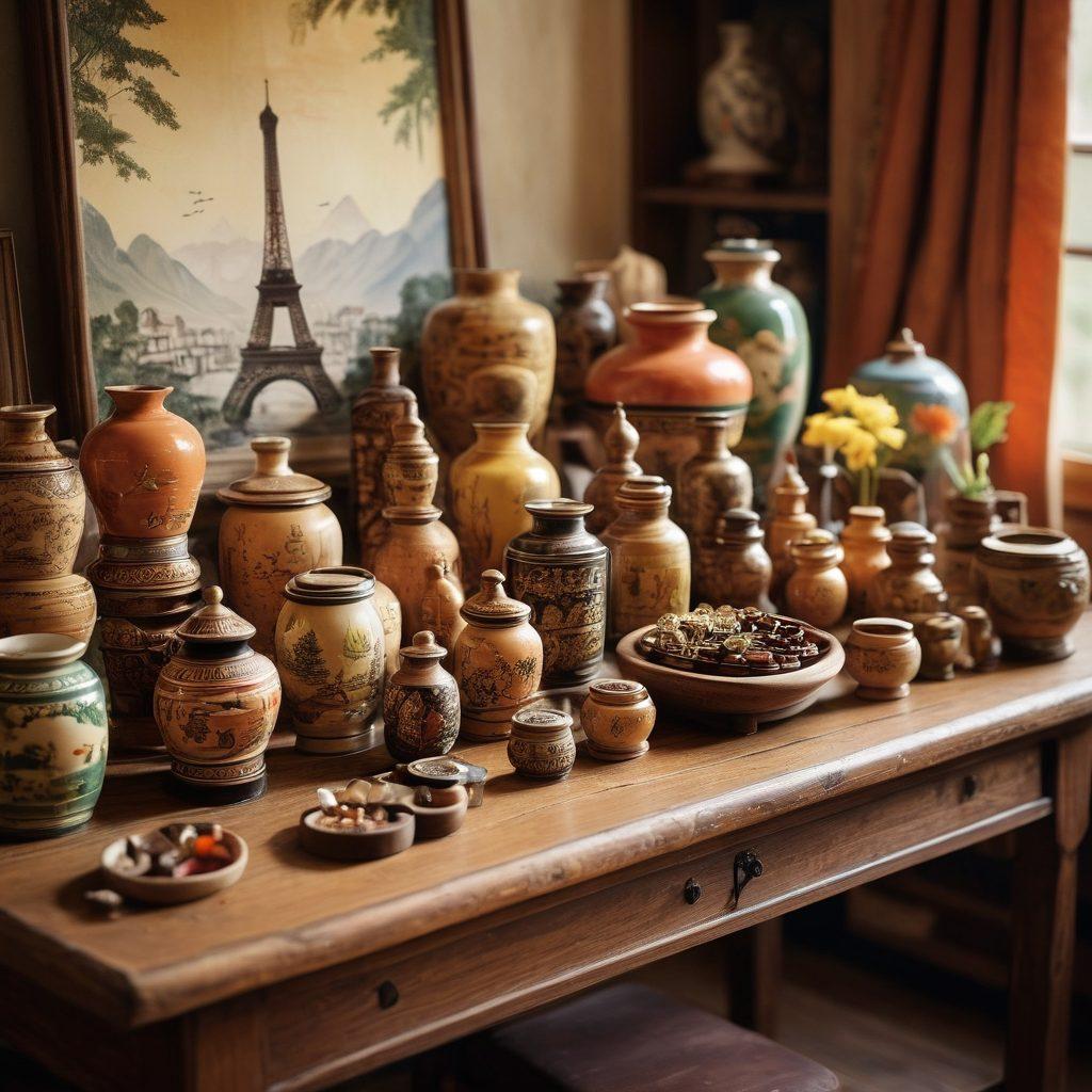 A beautifully arranged collection of unique souvenirs from around the world, including intricately designed hand-crafted items, vibrant textiles, and exotic trinkets displayed on a rustic wooden table. In the background, a soft, blurred landscape of famous travel destinations like Paris and Kyoto adds depth. Natural light streams in, highlighting the textures and colors of the souvenirs, evoking a sense of wanderlust. vintage style. warm colors. soft focus.
