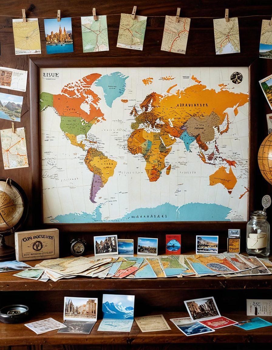 A beautifully arranged collection of mementos from various travels, including postcards, tickets, and souvenirs, displayed on a vintage wooden table. Sunlight filtering through a nearby window casts a warm glow, highlighting the textures of the objects. In the background, a world map with pins marking visited destinations adds adventure to the scene. Capture the essence of nostalgia and wanderlust. vibrant colors. super-realistic.